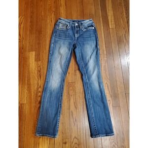 Vigoss Heritage Slim Bootcut Jeans Med Wash Rhinestone Embroider Pocket sz 2 L32